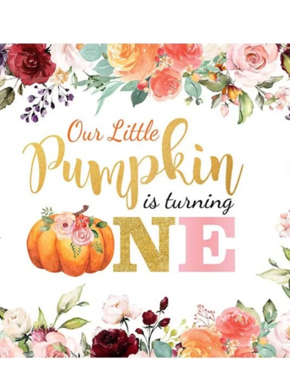Our Little Pumpkin Floral First Birthday Lot (backdrop, banner, cupcake toppers)